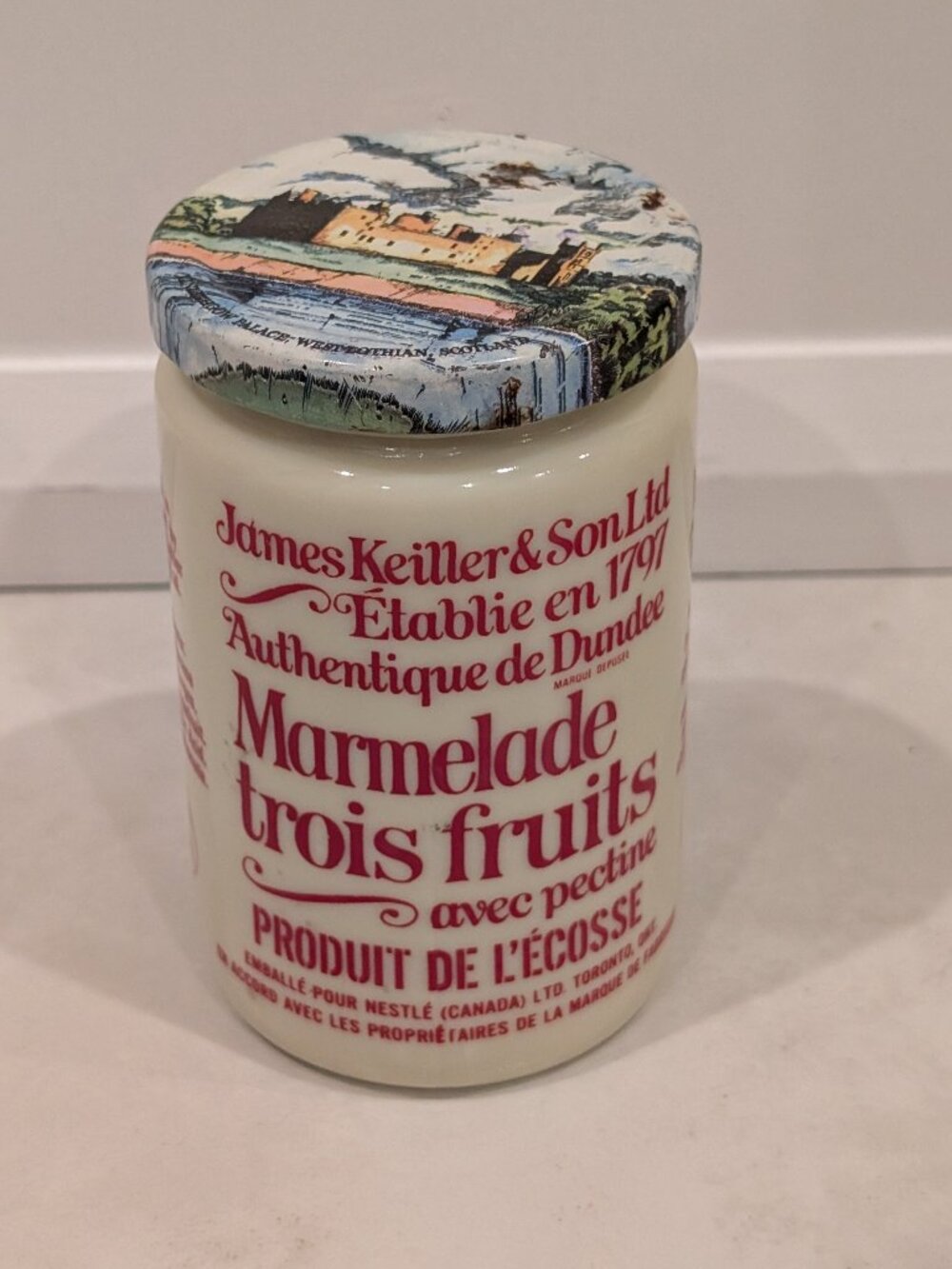Vintage James Keiller Dundee Three Fruits Marmalade Milk Glass Jar w/ Castle Lid